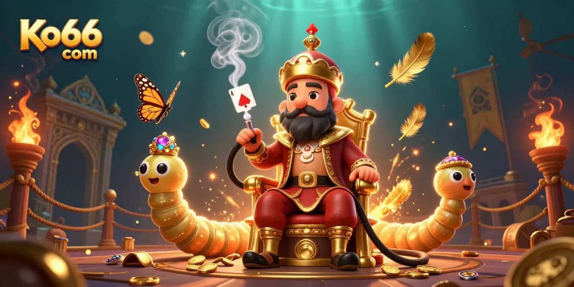 Engage with Ko66 com’s vibrant casino atmosphere featuring an enormous caterpillar and dynamic gaming elements.