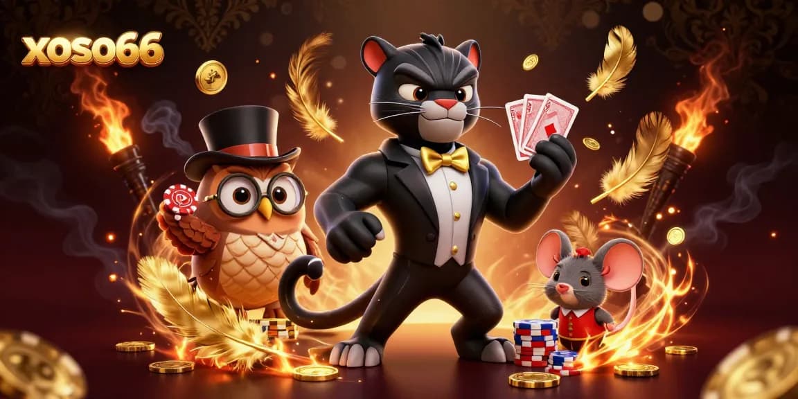 Xoso66 showcases a stylish black panther, owl, and mouse in a lively casino scene, dealing cards and holding chips.