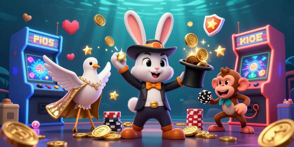 Experience casinous charm as a magician rabbit conjures coins, complemented by a glamorous dove and playful monkey.