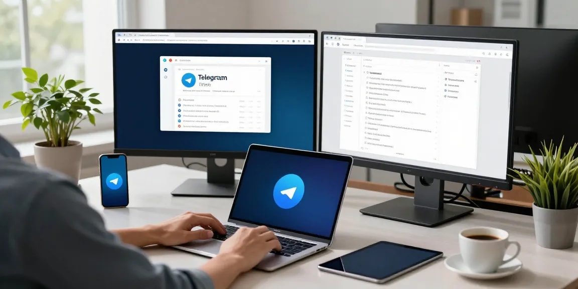 Using the Telegram Web Version in a modern office with dual monitors for efficient messaging.