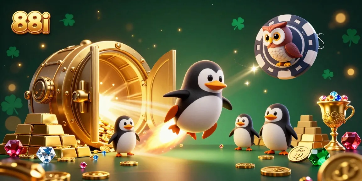 Experience thrilling adventures with 88i as a golden penguin navigates a casino universe filled with treasures.
