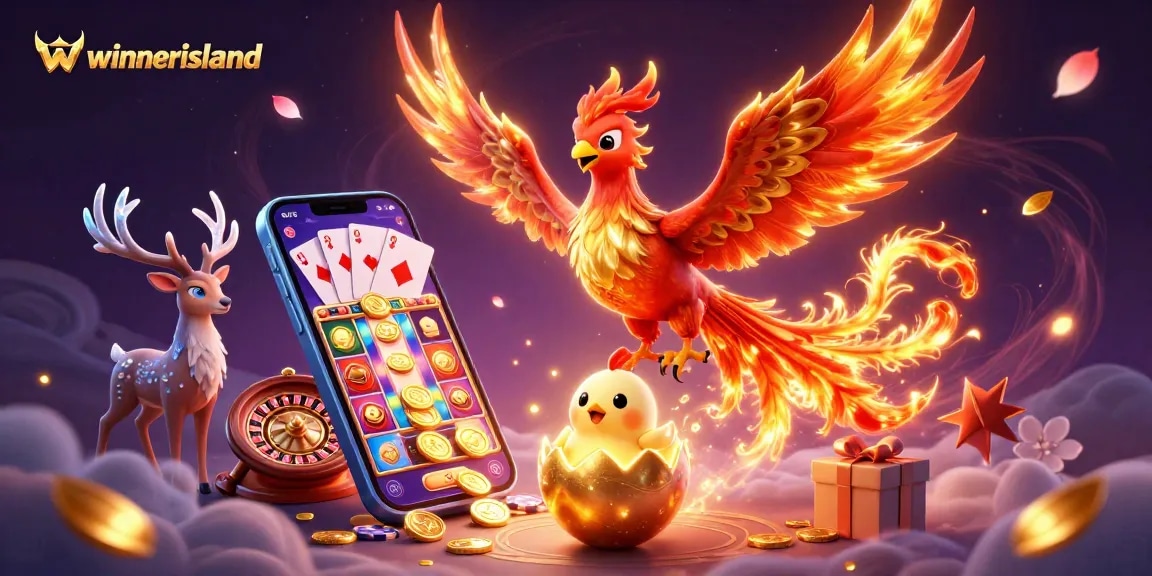 winnerisland features vibrant 3D phoenix and gaming elements celebrating casino excitement and victory.