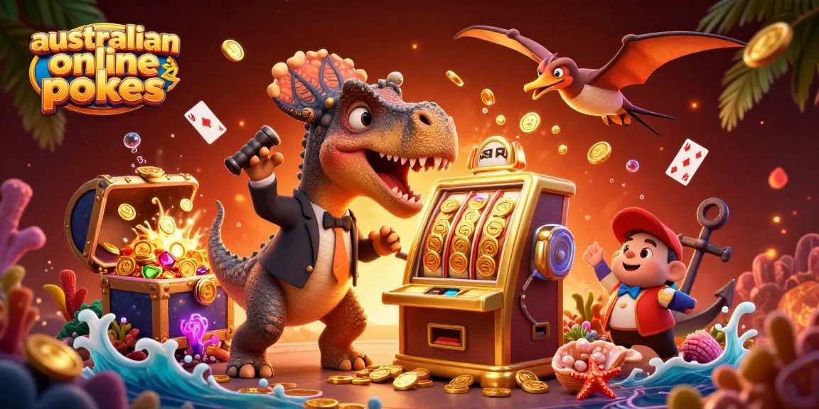 Experience thrilling australian online pokies action with a cartoon dinosaur and a golden slot machine