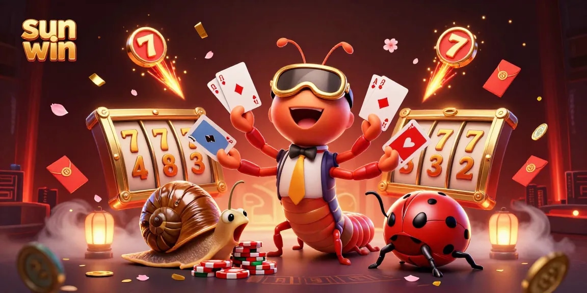 Experience the excitement of sun win with a vibrant 3D casino scene featuring cartoon characters and slots.