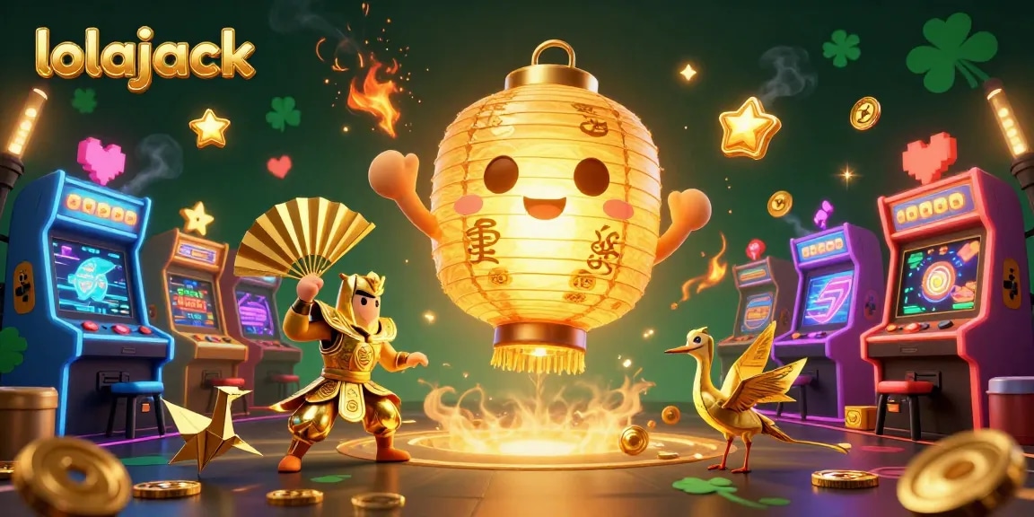Experience the magic of lolajack with dynamic casino elements and interactive characters in this vibrant 3D illustration.