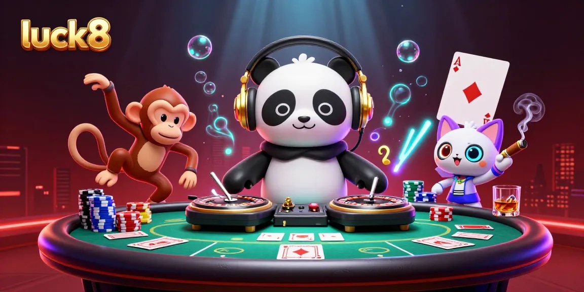 Immerse in luck8's casino excitement with an energetic DJ panda and colorful game elements.