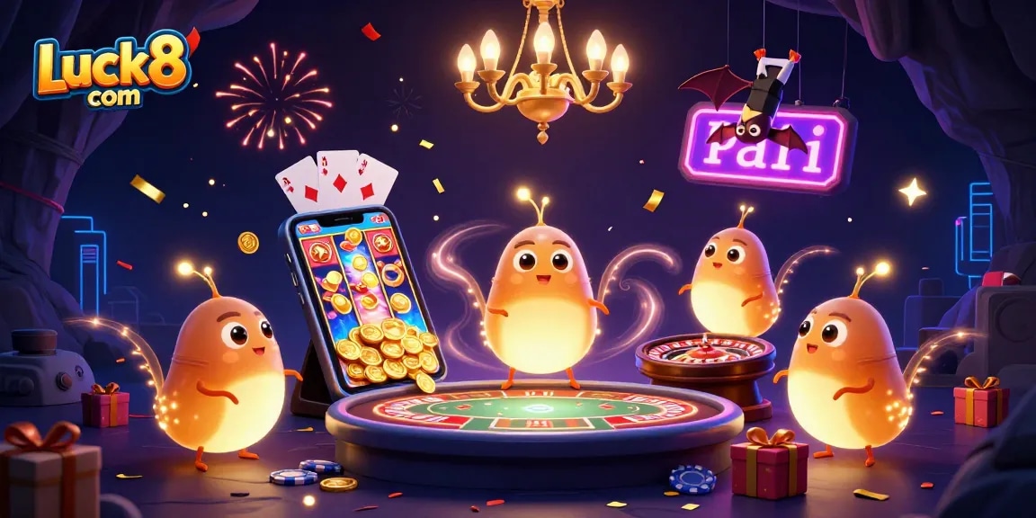 Play engaging slot games at Luck8 com amidst glowing characters, festive confetti, and vibrant casino elements