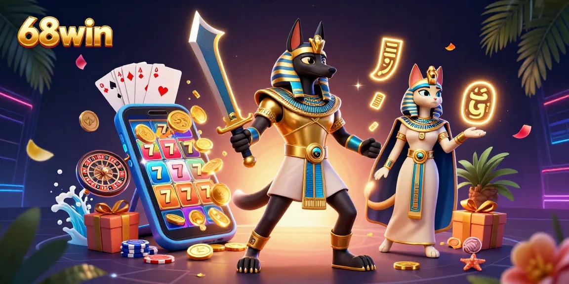 Experience excitement at 68win with an ancient Egyptian warrior surrounded by vibrant casino games.