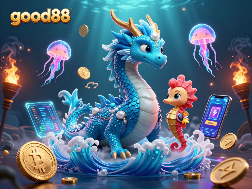 Experience thrilling gameplay with good88 in an underwater digital casino adventure featuring a powerful dragon and knight.