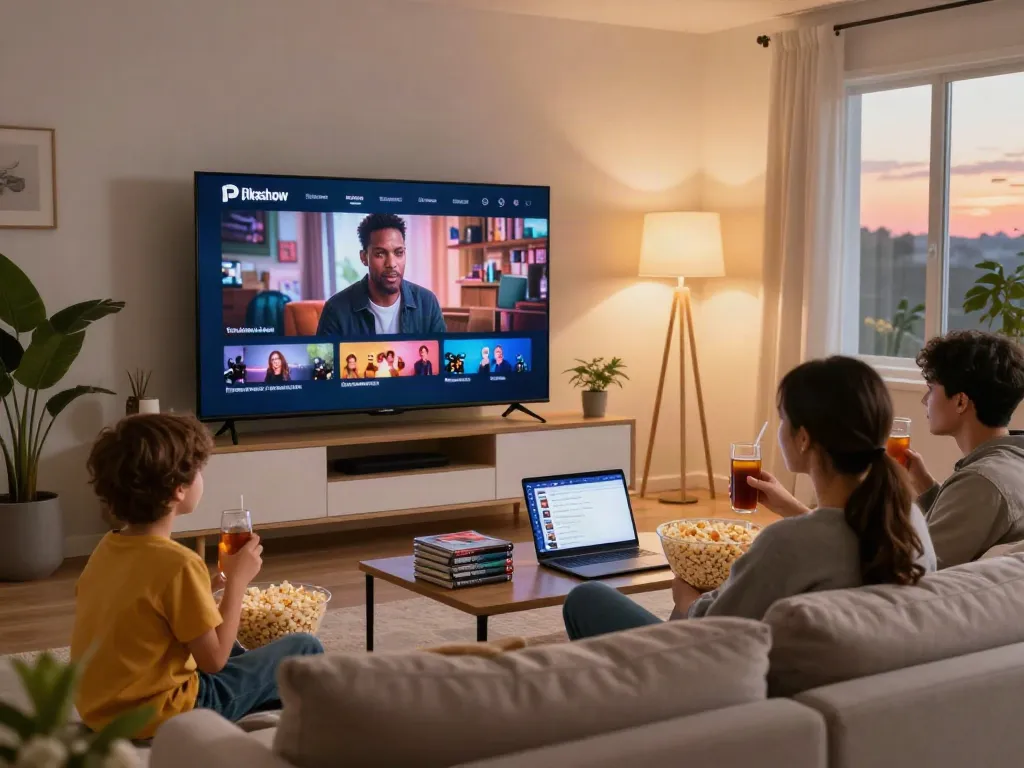 Streaming movies on smart TV using Pikashow, family enjoying a cozy movie night.
