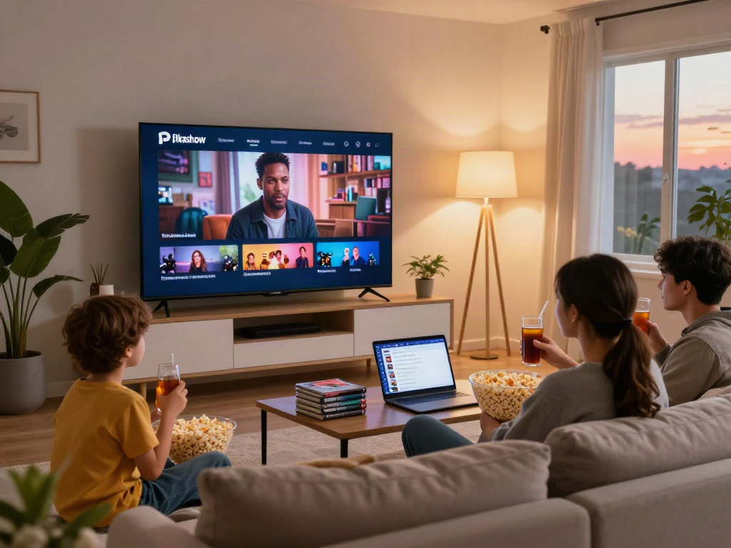 Streaming movies on smart TV using Pikashow, family enjoying a cozy movie night.