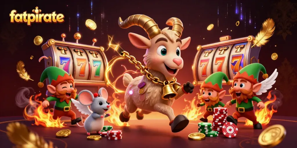 Experience the excitement of fatpirate casino with a dynamic 3D illustration showing playful characters amidst slot reels and casino elements.