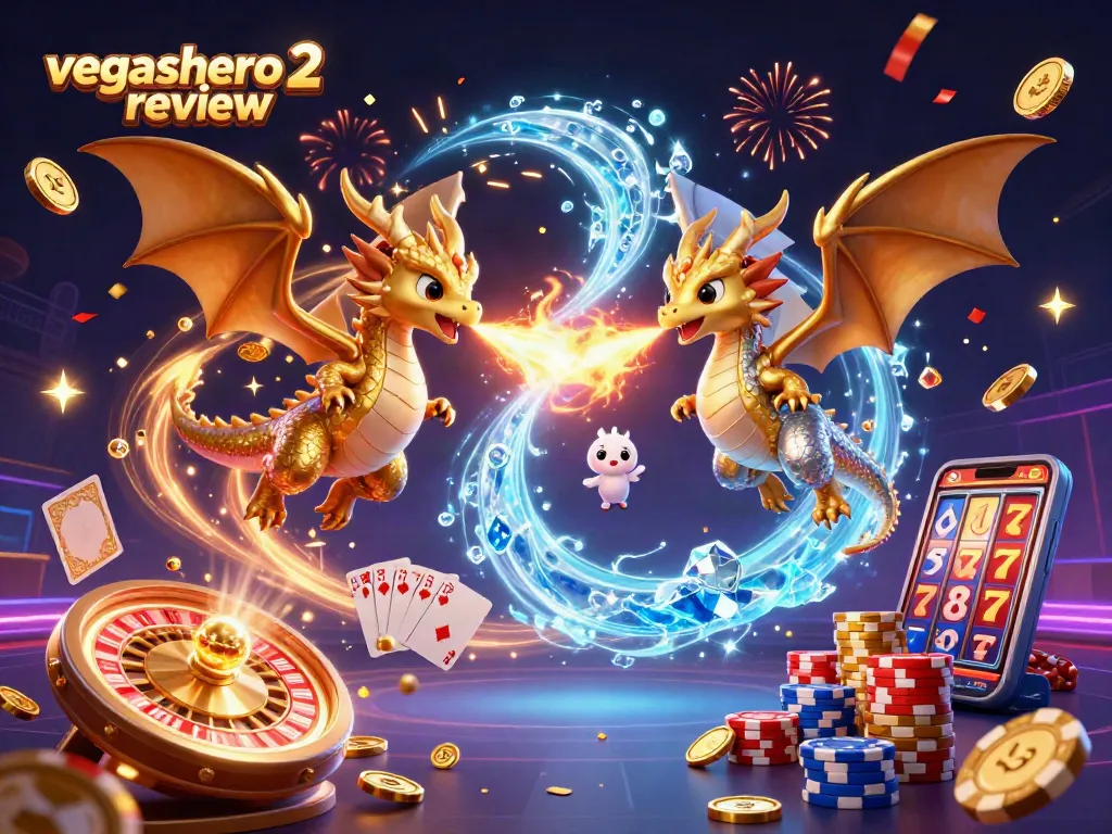 Experience thrilling gameplay with the vegashero 2 review illustration featuring golden coins, dragons, and casino elements.