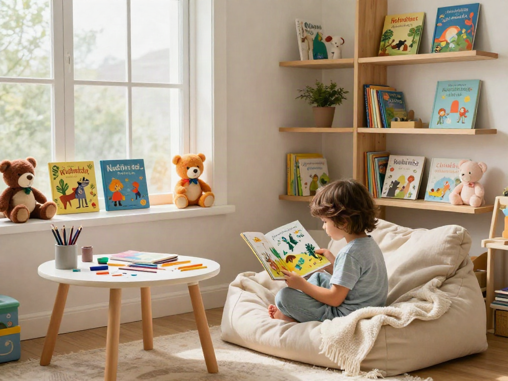 Child reading a fairy tale book in a cozy corner, perfect for rokok88 login learning.