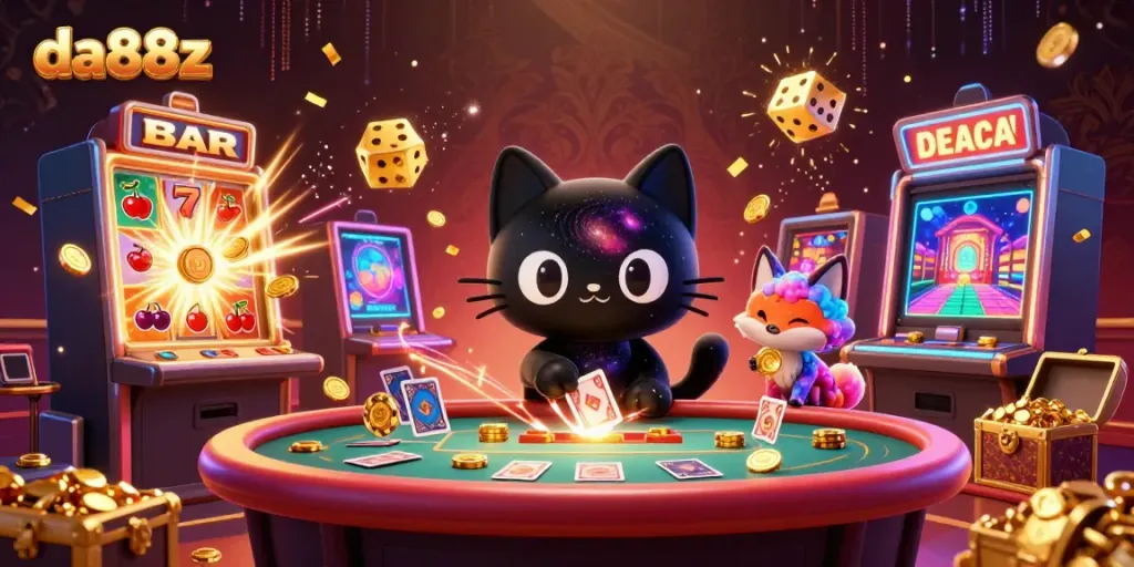 Experience the thrill of da88z as a cosmic black hole cat attracts golden chips while being surrounded by slot machines and vibrant game elements.
