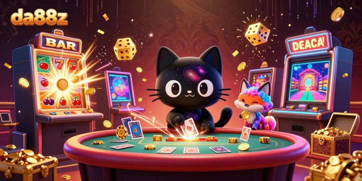 Experience the thrill of da88z as a cosmic black hole cat attracts golden chips while being surrounded by slot machines and vibrant game elements.