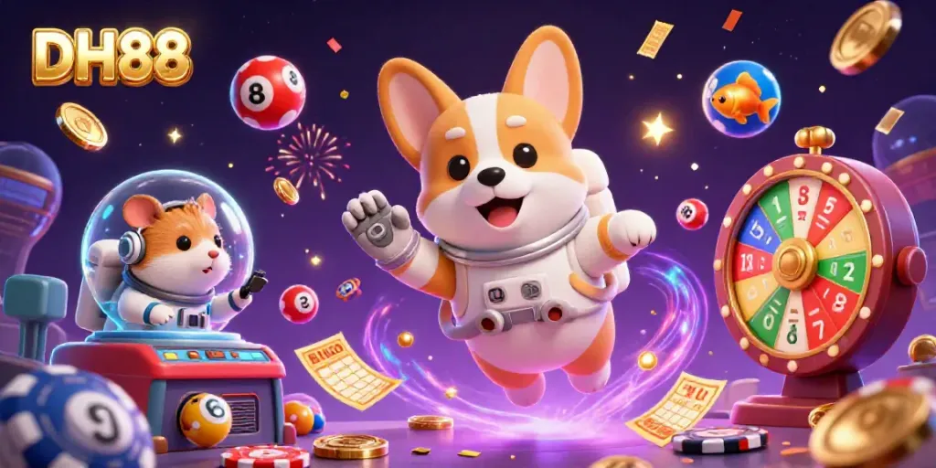 Experience thrilling moments with DH88 in this vibrant casino scene featuring floating corgi and hamster.
