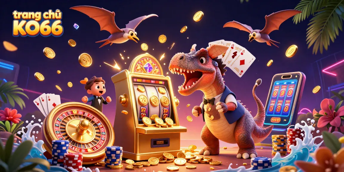 Witness the excitement of trang chủ KO66 with dynamic casino action and animated dinosaur characters.