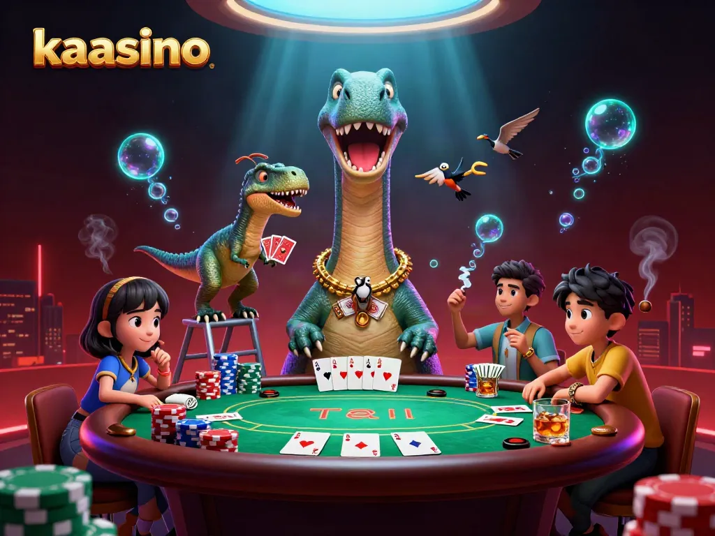 Kaasino features an epic poker scene with a dramatic brontosaurus and raptor dealers amidst colorful poker chips.