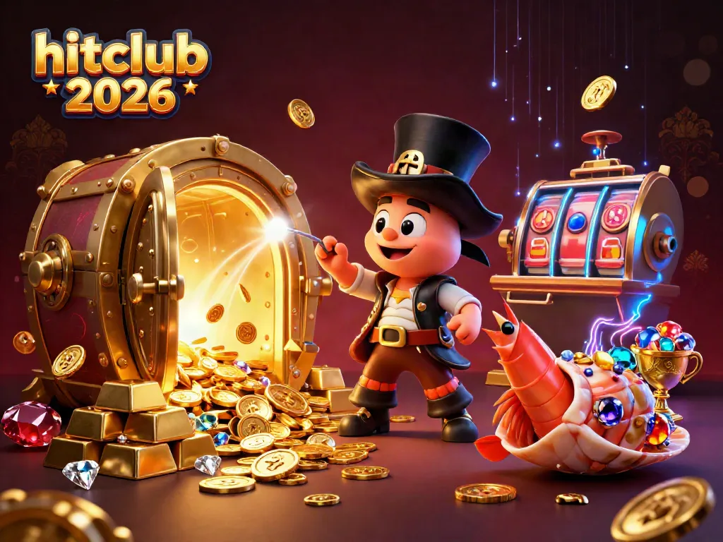 Experience the excitement of hitclub 2026 with lively characters attracting treasures in this vibrant casino-themed illustration.