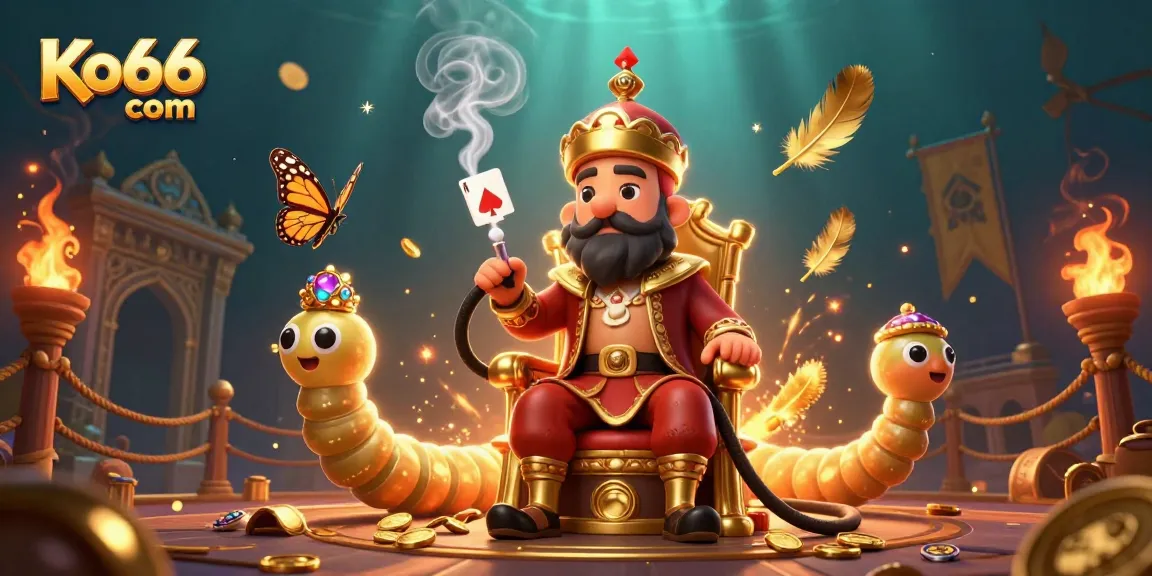 Engage with Ko66 com’s vibrant casino atmosphere featuring an enormous caterpillar and dynamic gaming elements.