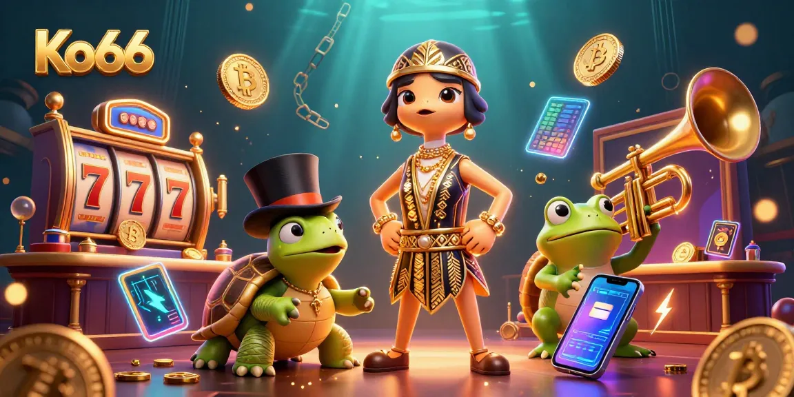Engaging Ko66 casino scene with a cartoon crane, turtle, and frog amidst dazzling jackpot symbols.