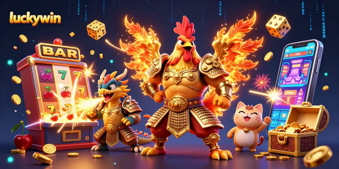 Experience excitement at luckywin with vibrant 3D characters and dynamic casino elements in a thrilling gaming scene.