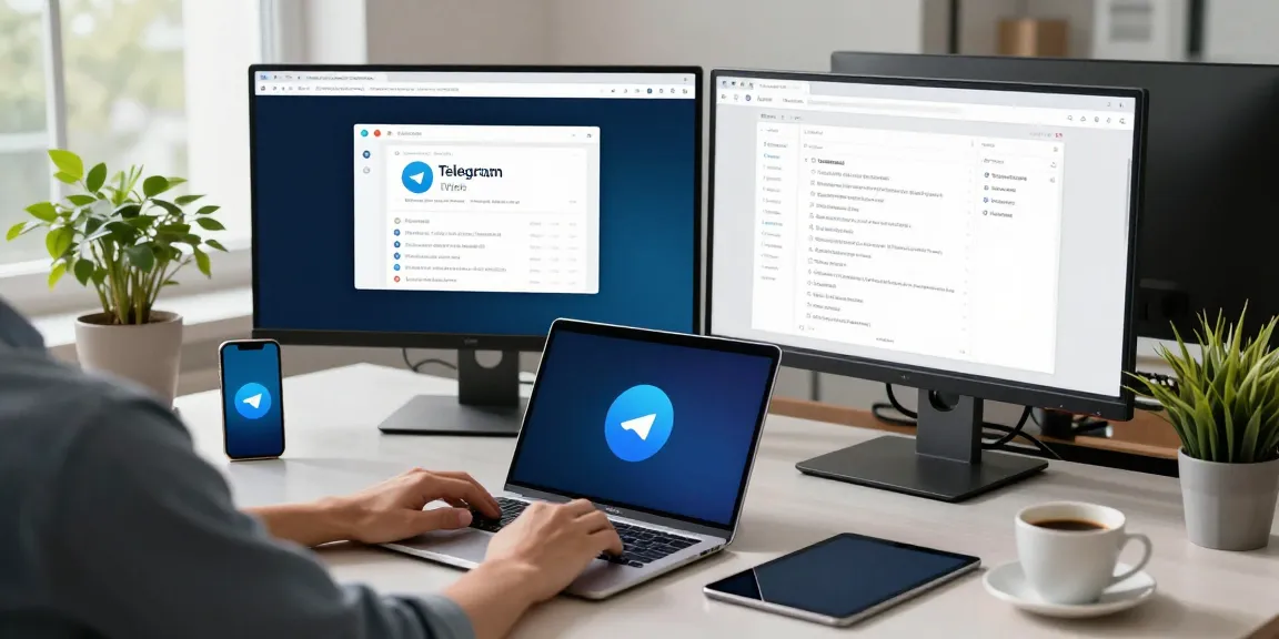 Using the Telegram Web Version in a modern office with dual monitors for efficient messaging.