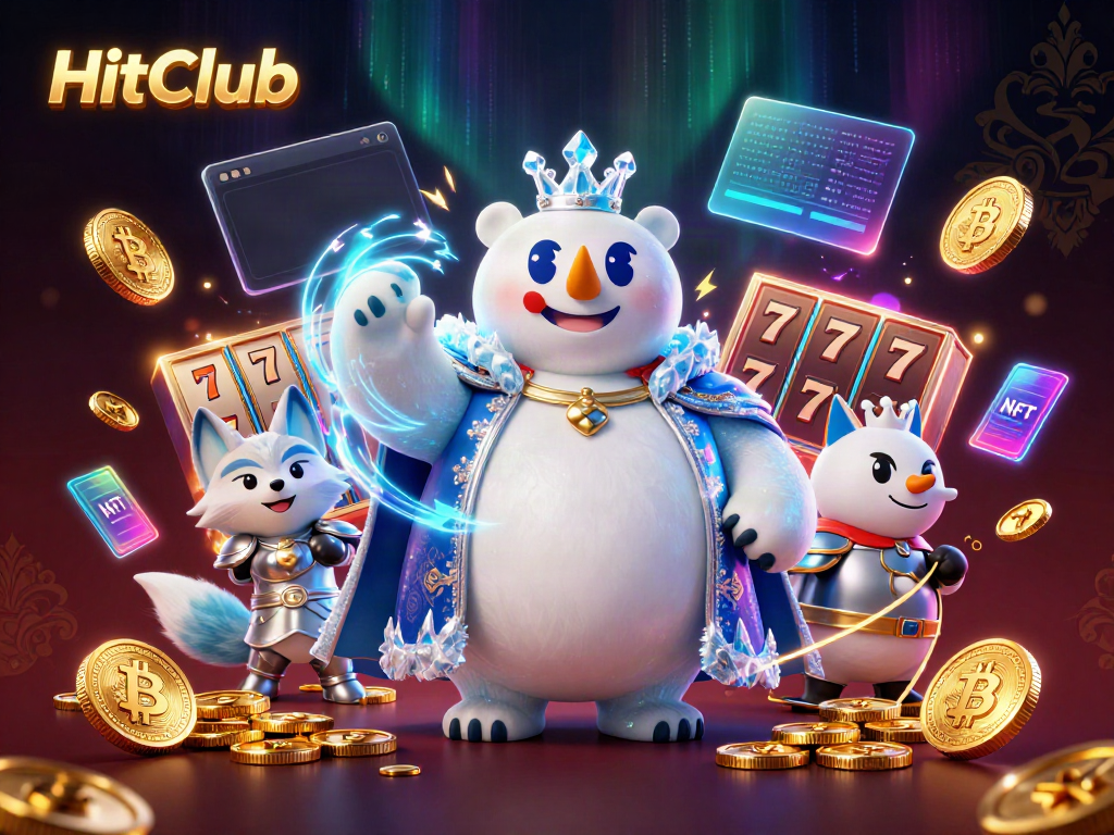 Experience the excitement of HitClub with a vibrant 3D illustration featuring slots, coins, and captivating characters.