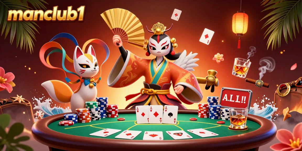 Experience the thrill of winning with manclub1 at a vibrant poker scene featuring a kabuki warrior and kitsune.