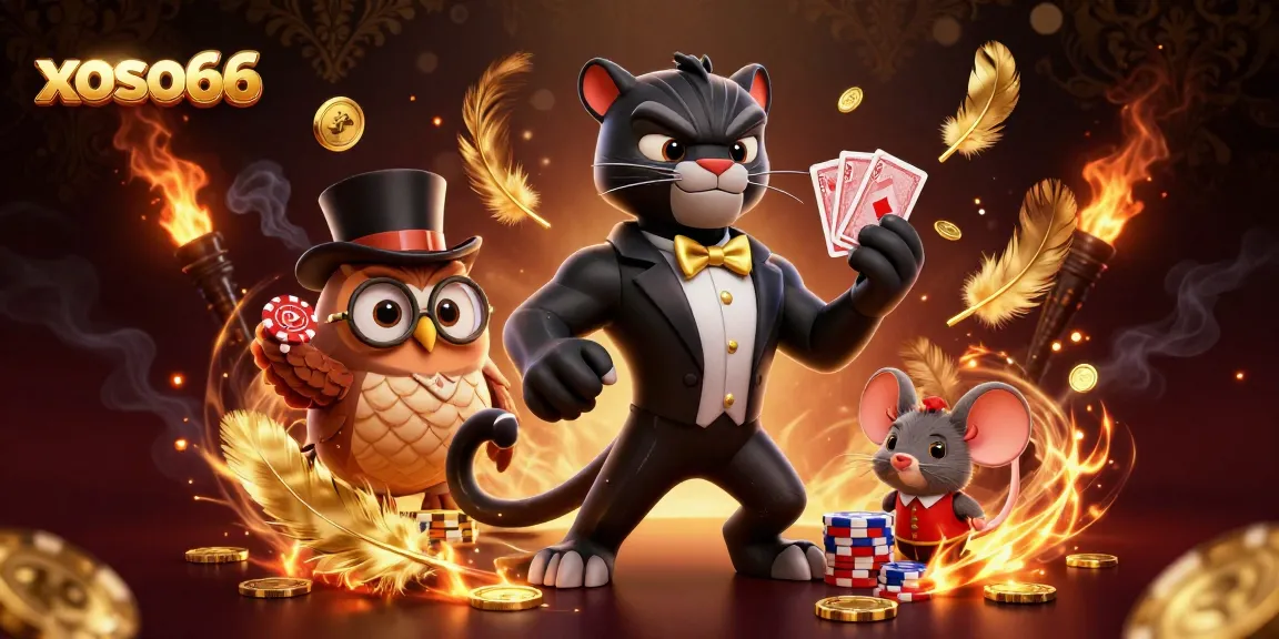 Xoso66 showcases a stylish black panther, owl, and mouse in a lively casino scene, dealing cards and holding chips.
