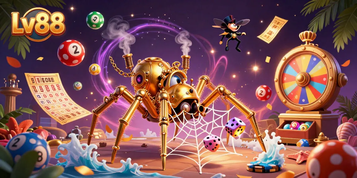 Engage with the thrilling world of Lv88 as a golden steampunk spider catches dice amidst a vibrant gambling scene.