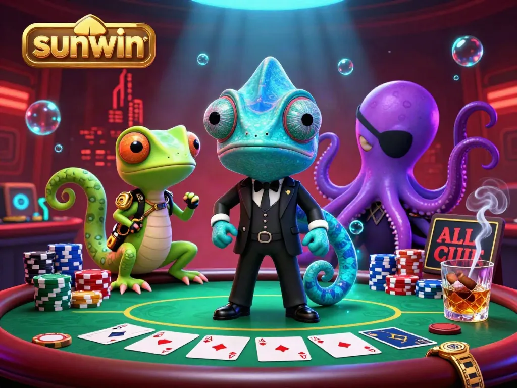 Experience sunwin's thrilling casino atmosphere with a dynamic 3D scene featuring colorful poker elements.
