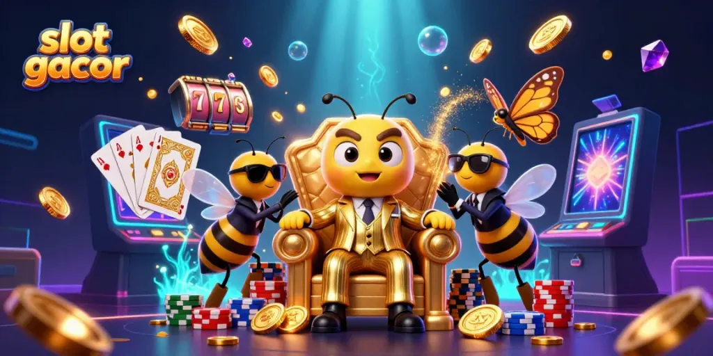 Engage with vibrant slot gacor action featuring a playful bee mob boss amidst rich casino elements.